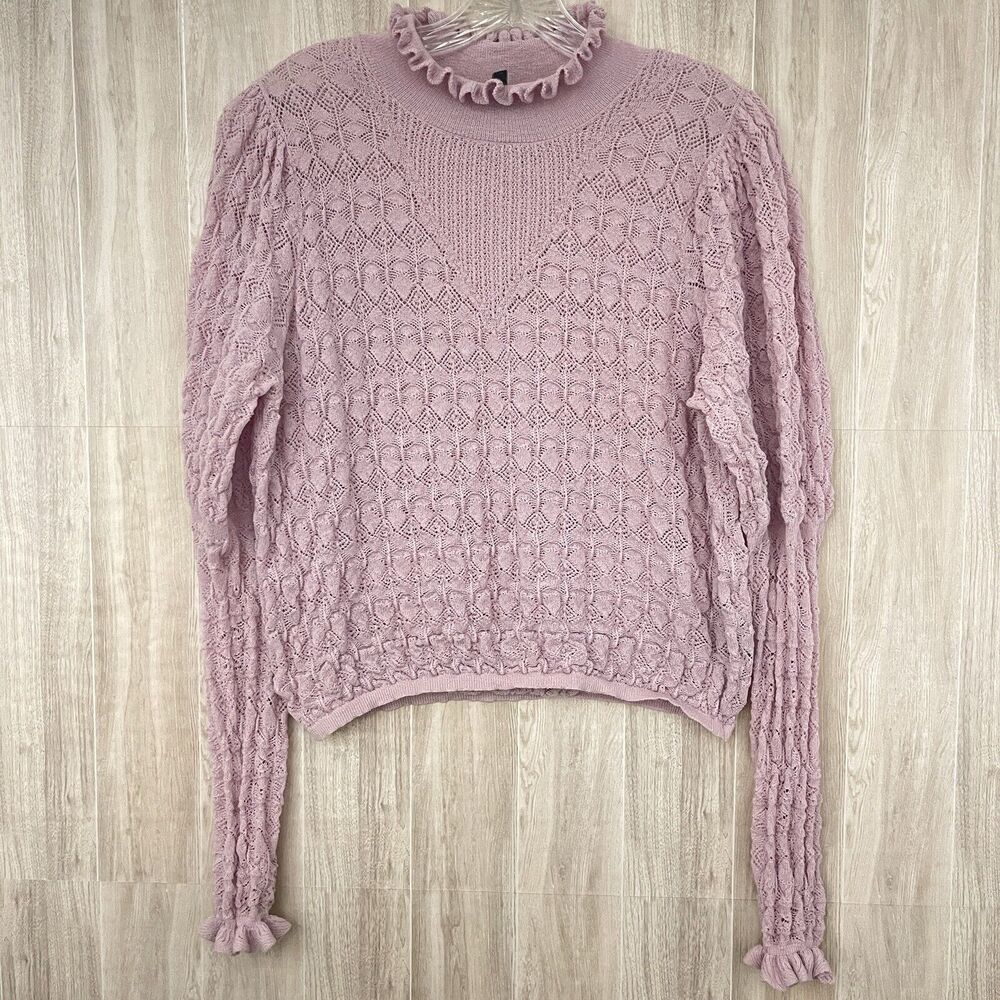 WHITE HOUSE BLACK MARKET Open Knit Long Sleeve Top Sz XL Lettuce Edge Mock Neck